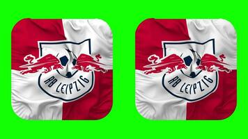 rasenballsport Leipzig mi v, rb Leipzig bandera en escudero forma aislado con llanura y bache textura, 3d representación, verde pantalla, alfa mate video