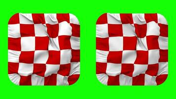 carreras rojo y blanco a cuadros bandera en escudero forma aislado con llanura y bache textura, 3d representación, verde pantalla, alfa mate video