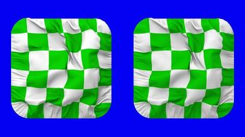 courses vert et blanc à carreaux drapeau dans écuyer forme isolé avec plaine et bosse texture, 3d le rendu, vert filtrer, alpha mat video