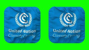 unido naciones marco de referencia convención en clima cambiar, UNFCCC bandera en escudero forma aislado con llanura y bache textura, 3d representación, verde pantalla, alfa mate video