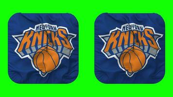 Novo Iorque knicks bandeira dentro escudeiro forma isolado com avião e colisão textura, 3d Renderização, verde tela, alfa fosco video