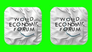 monde économique forum, wef drapeau dans écuyer forme isolé avec plaine et bosse texture, 3d le rendu, vert filtrer, alpha mat video