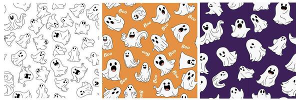 Set of ghost seamless pattern. Hand drawn doodle ghosts pattern. Vector illustration.