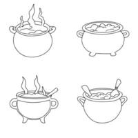 Set of cauldron in doodle style. Collection of Halloween cauldrons isolated on white background. Vector illustration.