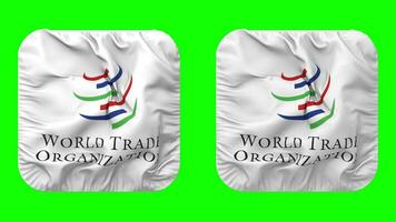 mondo commercio organizzazione, wto bandiera nel scudiero forma isolato con pianura e urto struttura, 3d rendering, verde schermo, alfa Opaco video