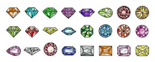 Set of colorful Doodle hand drawn gems and jewelry elements. Isolated elements - Diamonds, brilliants, crystals and gems on white background, vector illustration