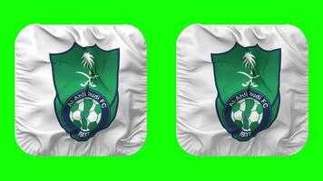 Alabama Ahli saudi fútbol americano club bandera en escudero forma aislado con llanura y bache textura, 3d representación, verde pantalla, alfa mate video