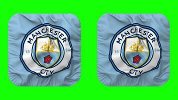 Manchester ciudad fútbol americano club bandera en escudero forma aislado con llanura y bache textura, 3d representación, verde pantalla, alfa mate video