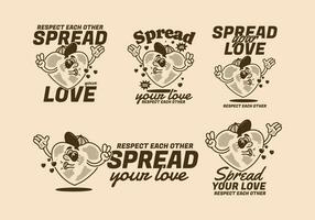 Spread your love, Heart mascot character illustration, in five different type vector