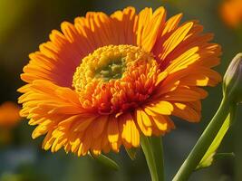 A vibrant Calendula flower in full bloom, with its petals unfurled under the warm sunlight. photo
