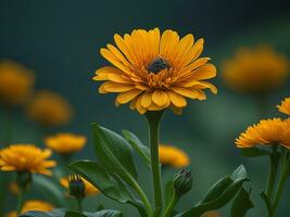 un vibrante caléndula flor en lleno floración, con sus pétalos desplegado debajo el calentar luz de sol. foto