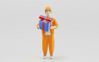 A cartoon deliveryman and gifts, 3d rendering. photo