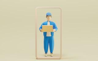 A cartoon deliveryman and gifts, 3d rendering. photo