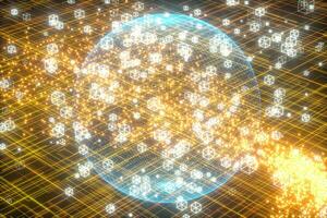 Data lines and earth model,glowing lines and cubes,3d rendering. photo