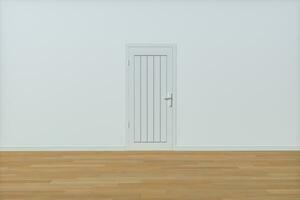 de madera puerta con blanco pared fondo, 3d representación. foto