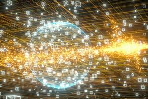 Data lines and earth model,glowing lines and cubes,3d rendering. photo