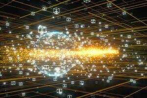 Data lines and earth model,glowing lines and cubes,3d rendering. photo