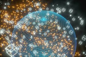 Data lines and earth model,glowing lines and cubes,3d rendering. photo