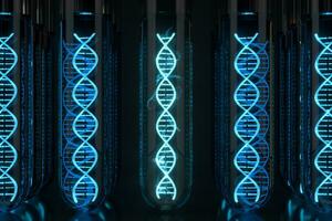 Test tube and chromosomes, DNA and genes,3d rendering. photo