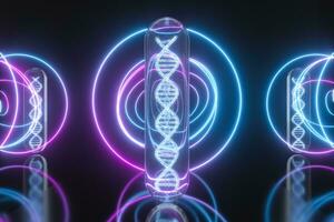 Test tube and chromosomes, DNA and genes,3d rendering. photo