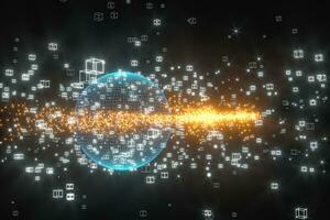 Data lines and earth model,glowing lines and cubes,3d rendering. photo