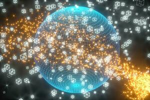 Data lines and earth model,glowing lines and cubes,3d rendering. photo