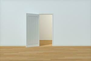 Wooden door with white wall background, 3d rendering. photo