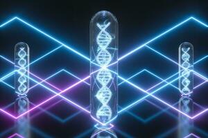 Test tube and chromosomes, DNA and genes,3d rendering. photo