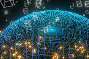 Data lines and earth model,glowing lines and cubes,3d rendering. photo