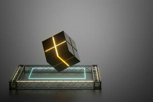 The cube floats above the glowing cubes, 3d rendering. photo