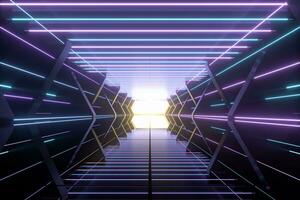 Dark spaceship tunnel with glowing lines, 3d rendering. photo