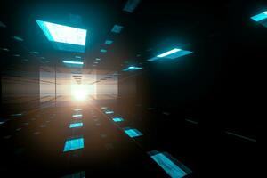 The dark glossy tunnel with glowing top light, fantasy scene, 3d rendering. photo