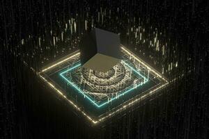 The cube floats above the glowing cubes, 3d rendering. photo