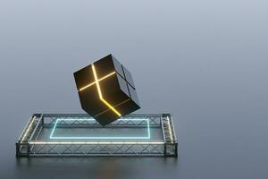 The cube floats above the glowing cubes, 3d rendering. photo