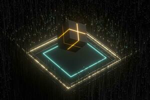 The cube floats above the glowing cubes, 3d rendering. photo