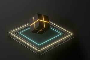 The cube floats above the glowing cubes, 3d rendering. photo