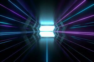 Dark spaceship tunnel with glowing lines, 3d rendering. photo