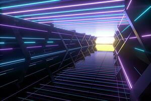 Dark spaceship tunnel with glowing lines, 3d rendering. photo