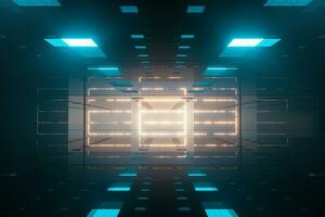 The dark glossy tunnel with glowing top light, fantasy scene, 3d rendering. photo