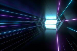 oscuro astronave túnel con brillante líneas, 3d representación. foto