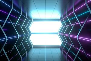 Dark spaceship tunnel with glowing lines, 3d rendering. photo