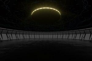 Dark round room with reflective floor, 3d rendering. photo