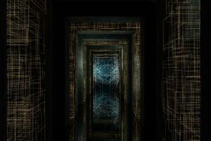 oscuro túnel con dorado circuito líneas, 3d representación. foto