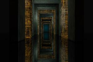 Dark tunnel with golden circuit lines, 3d rendering. photo