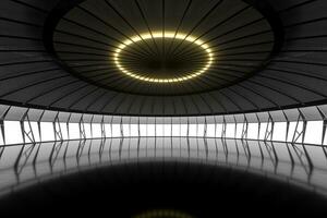 Dark round room with reflective floor, 3d rendering. photo