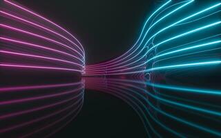 Curve wall with glowing neon lines, 3d rendering. photo