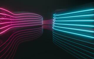 Curve wall with glowing neon lines, 3d rendering. photo