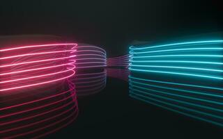 Curve wall with glowing neon lines, 3d rendering. photo