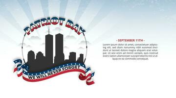 Patriot Day 9 11 background with a waving flag and silhouette buildings vector