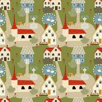 Old city seamless pattern. Small town endless ornament. Colorful house vector background.